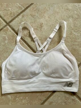 New Balance White Crossback Sports Bra with Logo